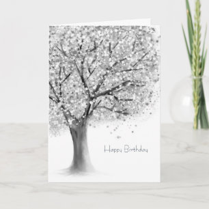 Tarjeta árbol abstracto de cumpleaños en blanco y negro