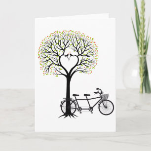 Tarjeta Árbol corazón con pájaros y bicicleta tándem