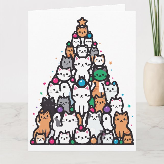 Tarjeta Árbol de Catmas Meowy Navidad Santa Patas Gato  (Anverso)