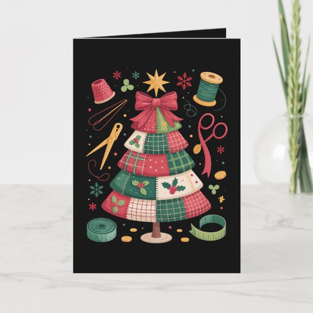 Tarjeta Árbol de colcha de patchwork de Navidad costura qu (Anverso)