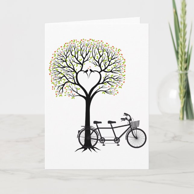Tarjeta Árbol de corazón con aves y bicicleta tándem (Anverso)