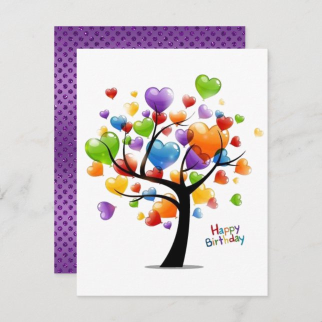 Tarjeta Árbol de corazón de globo de cumpleaños feliz (Anverso / Reverso)