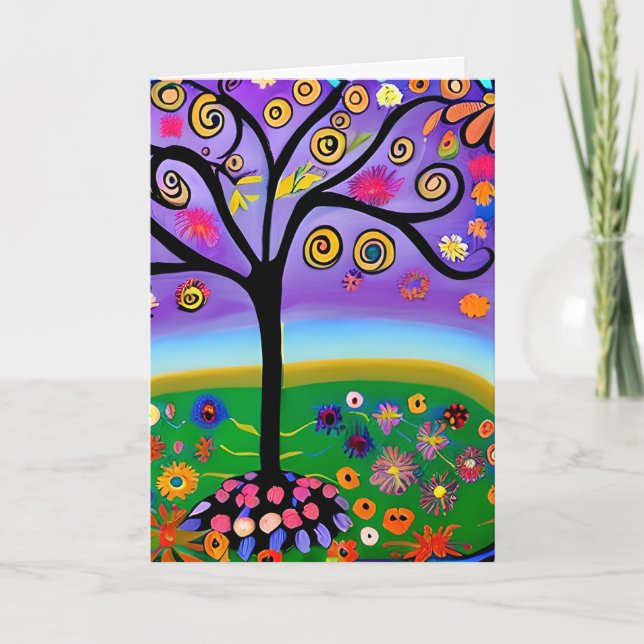Tarjeta Árbol de estilo de arte folclórico caprichoso en b (Anverso)