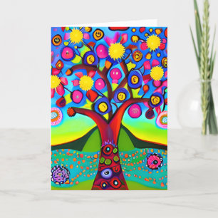 Tarjeta Árbol de estilo de arte folclórico colorido   Pens