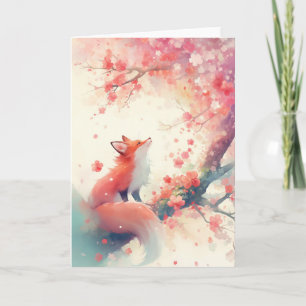Tarjeta Árbol de Flor de Cerezo Zorro Rojo