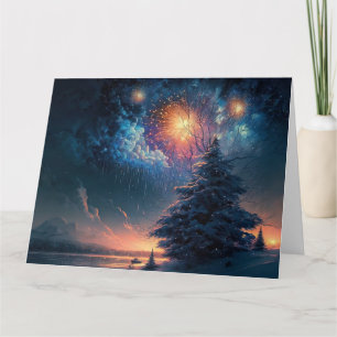Tarjeta Árbol de hoja perenne de invierno y fuegos artific