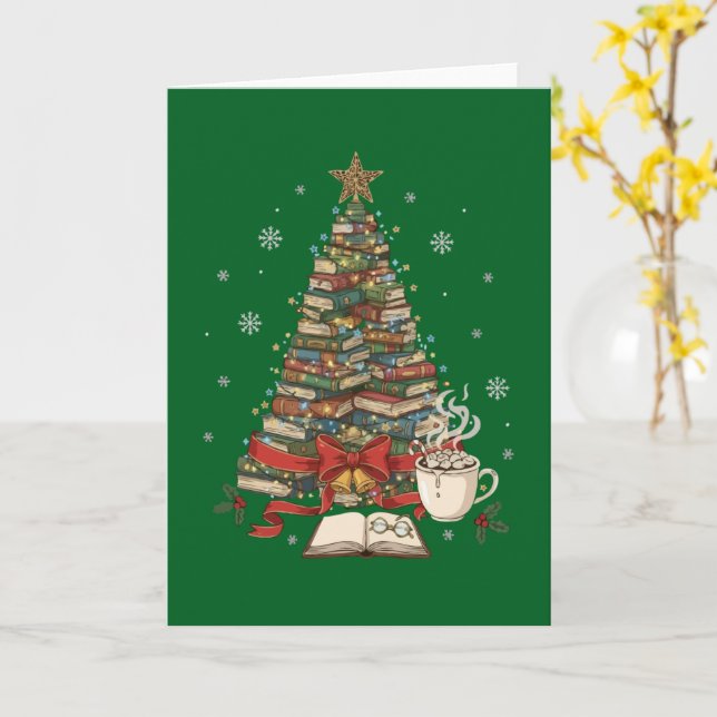 Tarjeta Árbol de libros navideños acogedor para lectores y (flor amarilla)