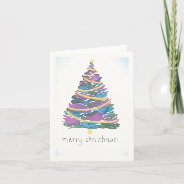 Tarjeta Árbol de navidad acuarela - Garland dorado (Anverso)
