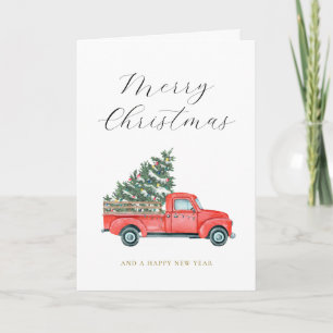 Tarjeta Árbol de navidad acuarela y camioneta roja Feliz N