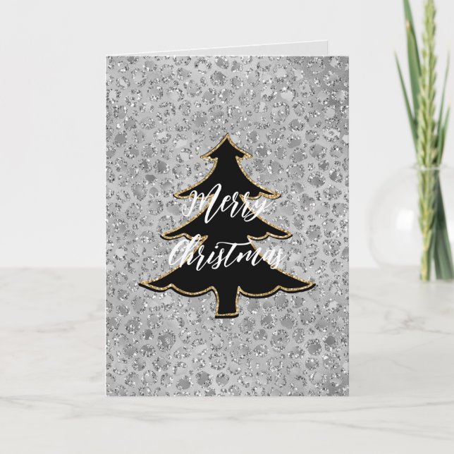Tarjeta Árbol de Navidad Alegre Leopardo de Plata (Anverso)
