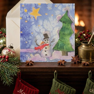 Tarjeta Árbol de Navidad Alegre Y Muñeco de Nieve Helado A