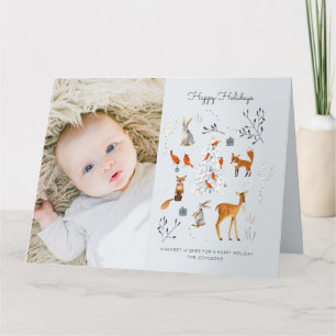 Tarjeta Árbol de Navidad azul claro del bosque y animales