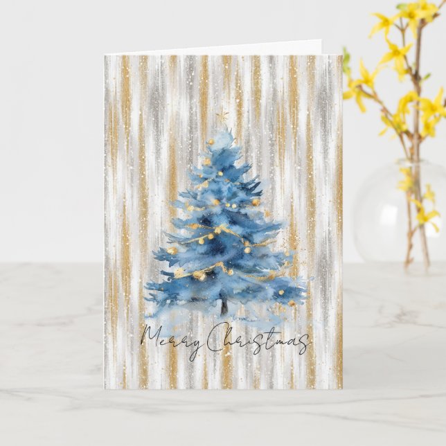 Tarjeta Árbol de Navidad azul oro plateado (flor amarilla)