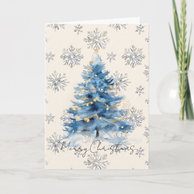 Tarjeta Árbol de Navidad azul oro plateado (Anverso)