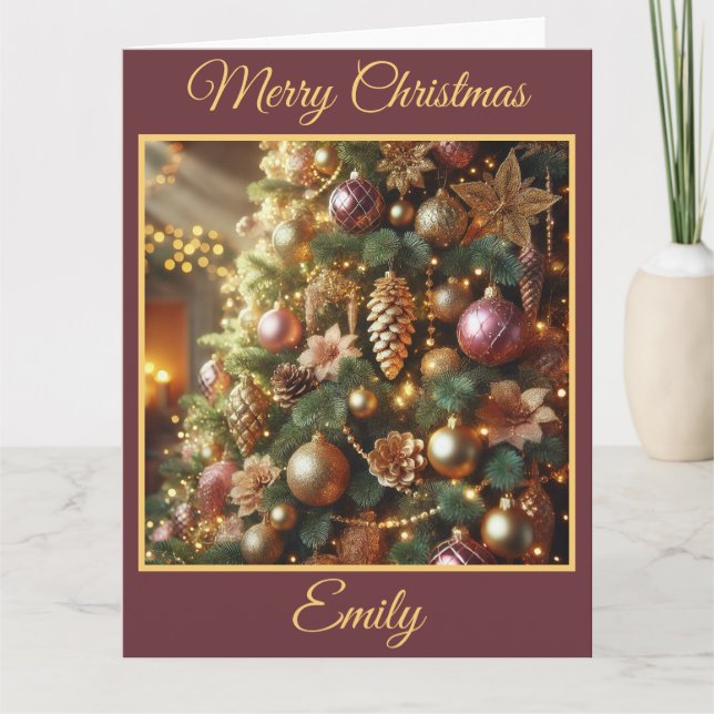 Tarjeta Árbol de Navidad Borgoña y Oro (Anverso)