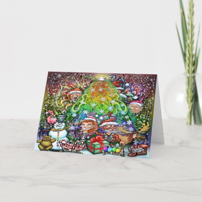 Tarjeta Árbol de Navidad con Adornos de Arcoíris (Anverso)