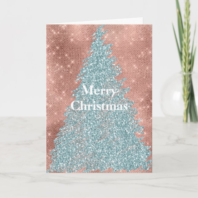Tarjeta Árbol de Navidad con brillo de rosa oro y menta (Anverso)