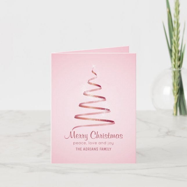 Tarjeta Árbol de Navidad con cinta rosa elegante (Anverso)