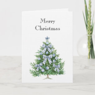 Tarjeta Árbol de Navidad con Lazos Blancos y Azules