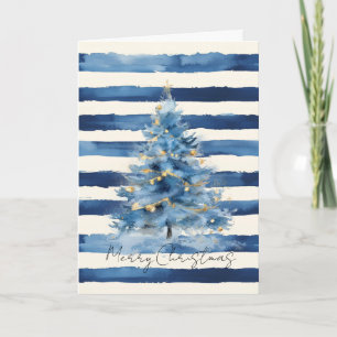 Tarjeta Árbol de Navidad con Rayas de Plata Dorado Azul  