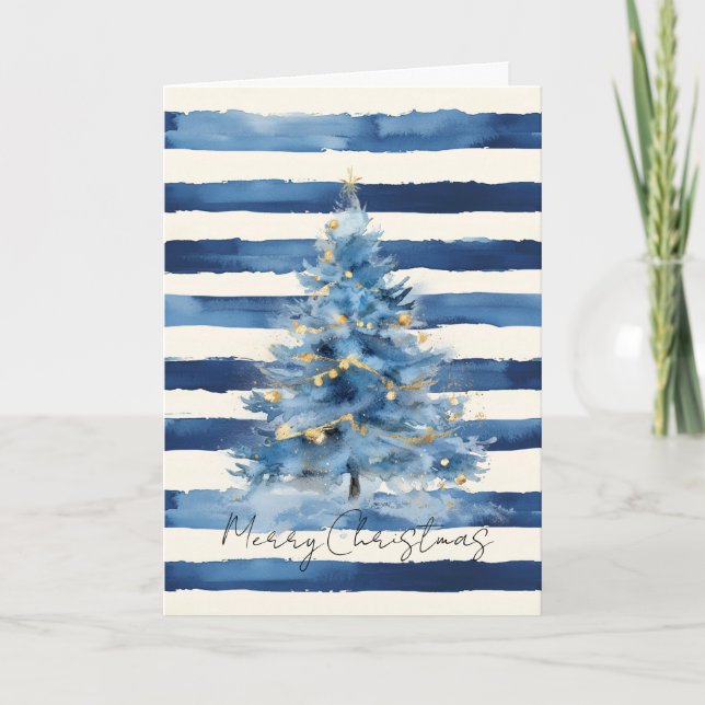 Tarjeta Árbol de Navidad con Rayas de Plata Dorado Azul   (Anverso)