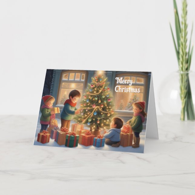 Tarjeta Árbol de Navidad con Regalos y Alegría de los Niño (Anverso)