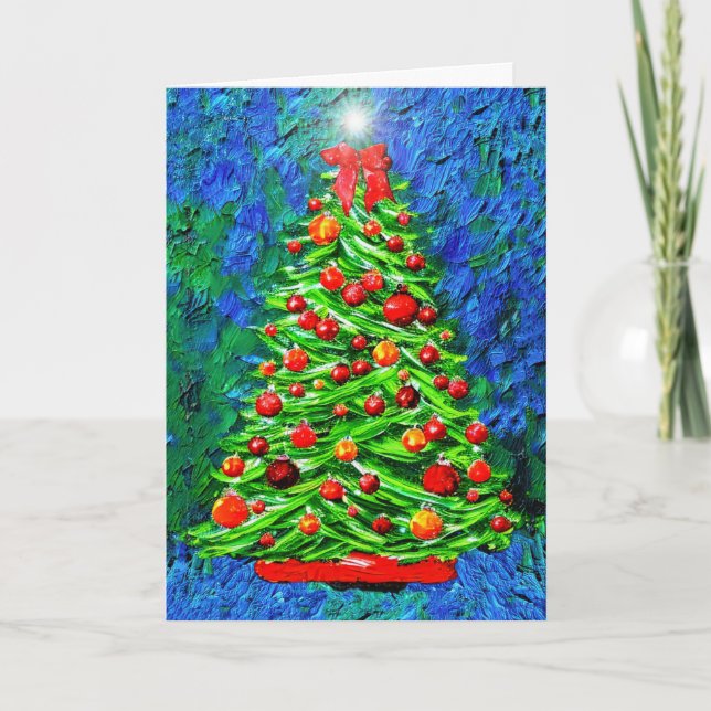Tarjeta Árbol de Navidad - contra fondo azul/verde (Anverso)