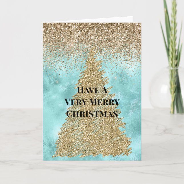 Tarjeta Árbol de Navidad de brillo glam dorado aguamarina (Anverso)
