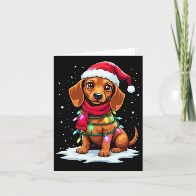 Tarjeta Árbol de Navidad de Dachshund Cute Santa Hat Luces (Anverso)