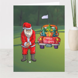 Tarjeta Árbol de Navidad de golf en coche rojo con Santa C