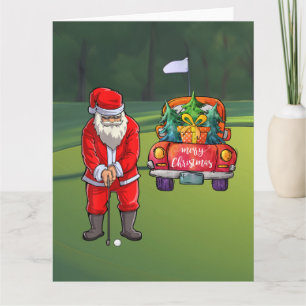 Tarjeta Árbol de Navidad de golf en coche rojo con Santa C