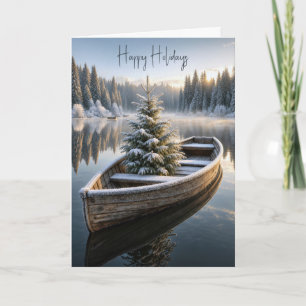 Tarjeta Árbol de Navidad de hoja perenne en barca rústica