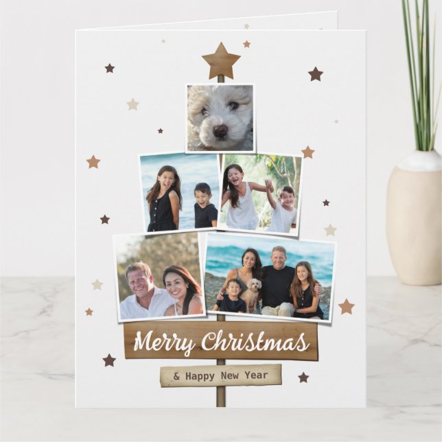Tarjeta Árbol de Navidad de Madera Rusa | 5 Fotos Collage (Anverso)