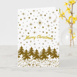 Tarjeta Árbol de Navidad de oro brillante, estrellas, niev
