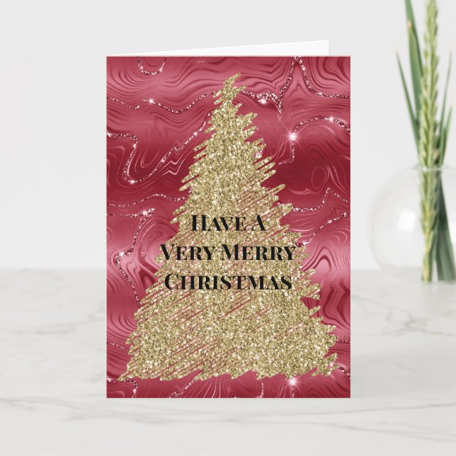 Tarjeta Árbol de Navidad de oro de mármol rojo Purpurina (Anverso)