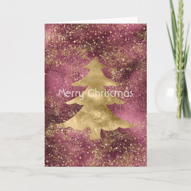 Tarjeta Árbol de Navidad de Purpurina de oro de Borgoña (Anverso)