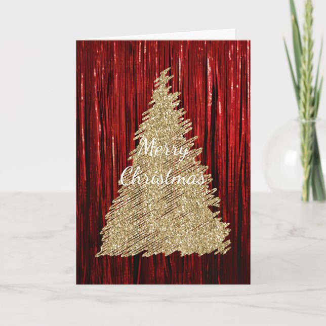 Tarjeta Árbol de Navidad de Purpurina de oro de Tinsel Roj (Anverso)