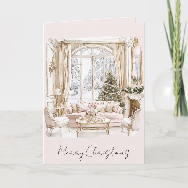 Tarjeta Árbol de Navidad de Ventana Rosa Claro (Anverso)