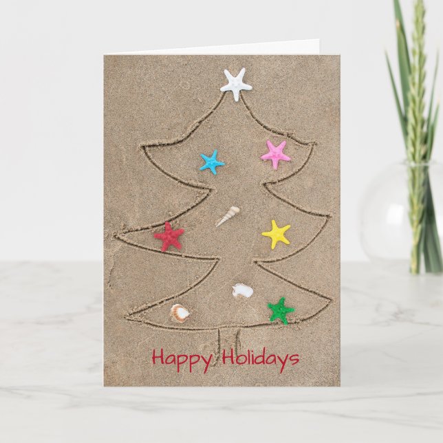 Tarjeta Árbol de Navidad dibujando en arena de playa (Anverso)
