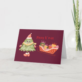 Tarjeta Árbol de Navidad en acuarela tirando de un trineo