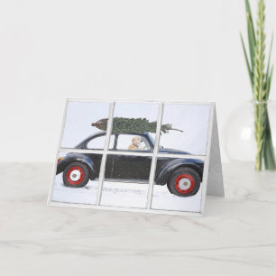 Tarjeta Árbol de Navidad en auto con perro en ventana neva