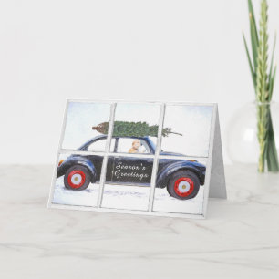 Tarjeta Árbol de Navidad en auto con perro en ventana neva