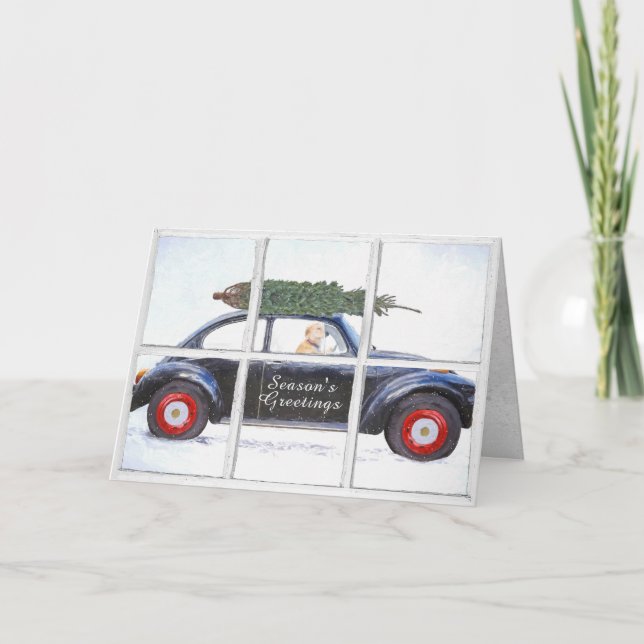 Tarjeta Árbol de Navidad en auto con perro en ventana neva (Anverso)