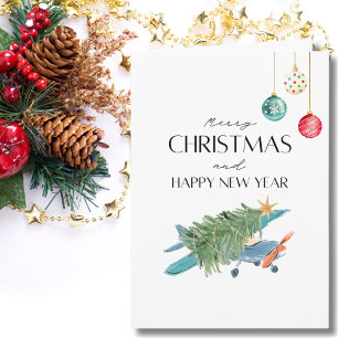 Tarjeta Árbol de Navidad en Avión y Foto Familiar Divertid