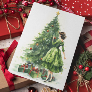 Tarjeta Árbol de Navidad femenino retro 50