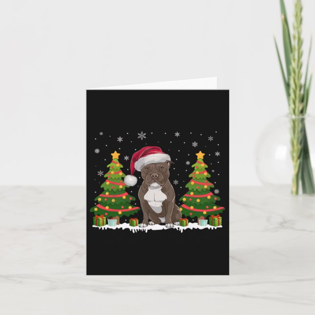 Tarjeta Árbol de navidad ilumina Pitbull Dog Santa Hat Nav (Anverso)