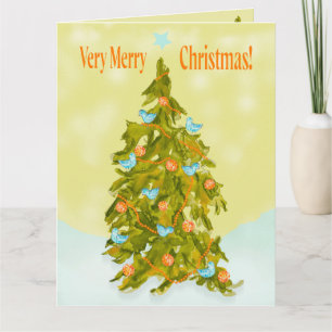 Tarjeta Árbol de Navidad lindo con pájaros azules