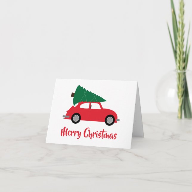 Tarjeta Árbol de Navidad Moderno de Mitad de Siglo & Auto  (Anverso)