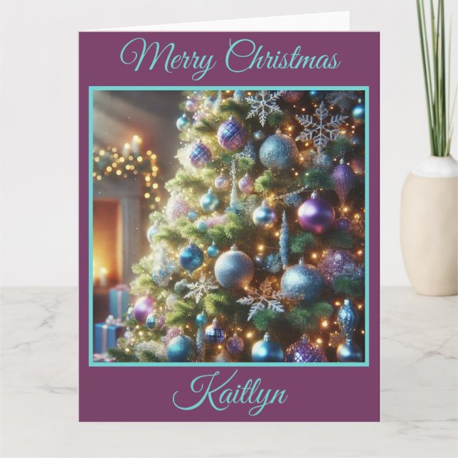 Tarjeta Árbol de Navidad morado y azul (Anverso)