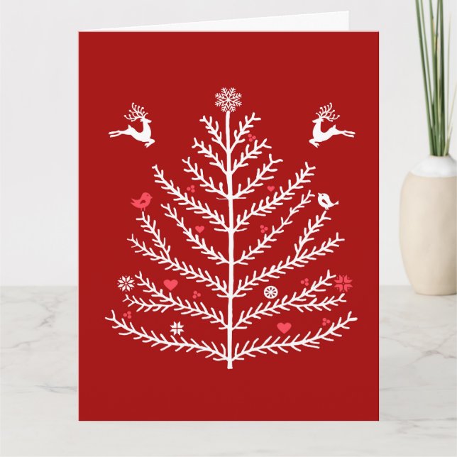 Tarjeta Árbol de Navidad nórdico festivo ciervo rojo oscur (Anverso)